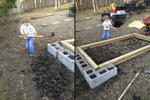Aiden was a big help in building the retaining walls! I used cinder blocks that I filled with soil so that they could be used for plants as well. 